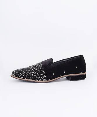 Black embroidered suede slip on loafers 2