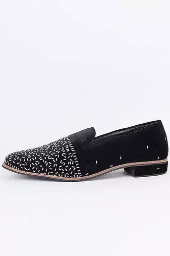 Black embroidered suede slip on loafers