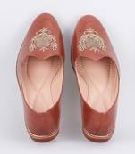 Tan brown embroidered leather slip on juttis