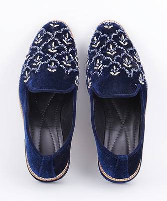 Royal blue embroidered suede slip on loafers 1