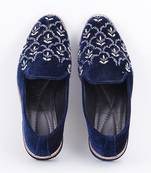 Royal blue embroidered suede slip on loafers