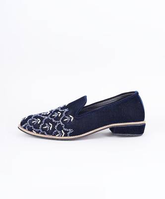 Royal blue embroidered suede slip on loafers 2