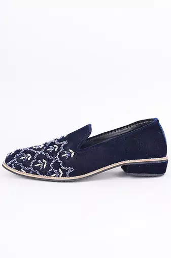 Royal blue embroidered suede slip on loafers