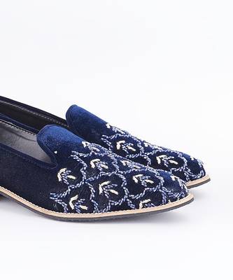 Royal blue embroidered suede slip on loafers 3