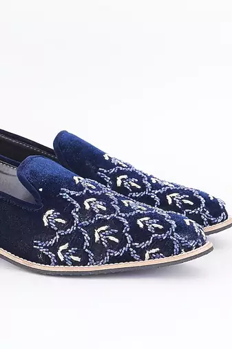 Royal blue embroidered suede slip on loafers