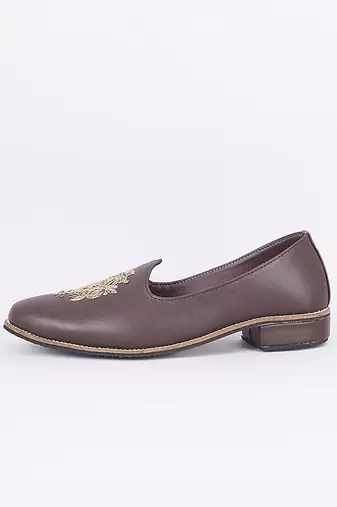 Charcoal grey embroidered leather slip on juttis