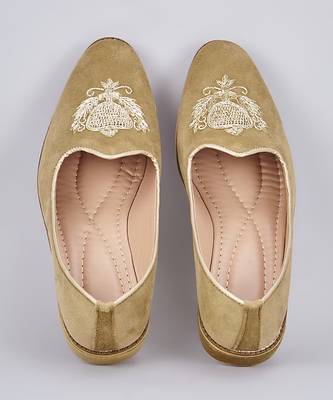 Olive green embroidered suede slip on juttis 1