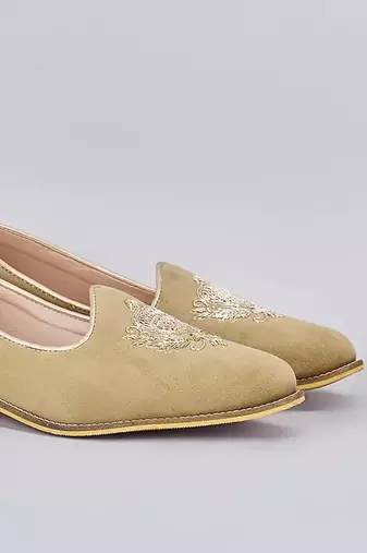 Olive green embroidered suede slip on juttis