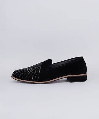 Black embroidered suede slip on loafers 2