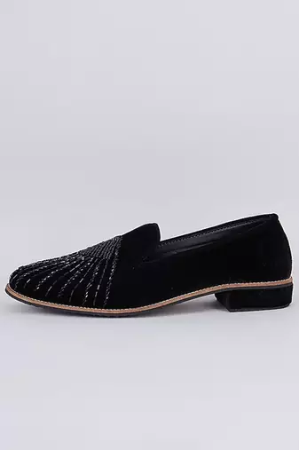 Black embroidered suede slip on loafers