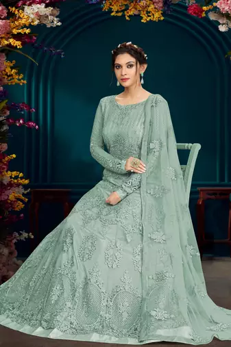 Trendmalls Sky Blue Net Embrodered Anarkali SalwarKameez with Dupatta 