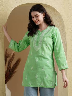Embroidered Kelly Green Cotton Lucknowi Chikankari Indian Women Short Kurti 1