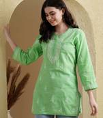 Embroidered Kelly Green Cotton Lucknowi Chikankari Indian Women Short Kurti