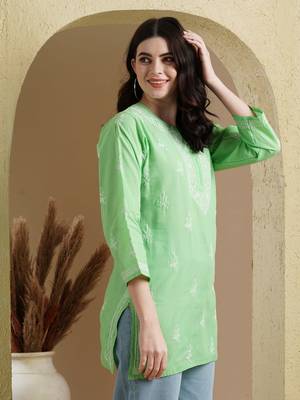 Embroidered Kelly Green Cotton Lucknowi Chikankari Indian Women Short Kurti 3