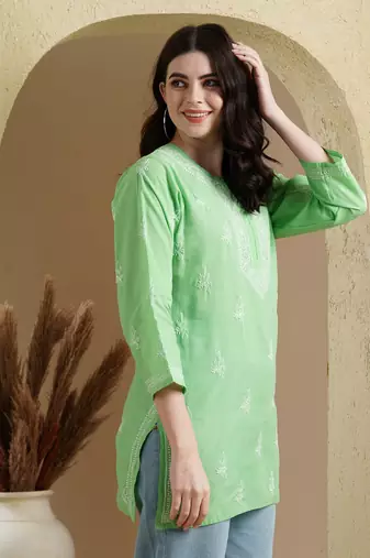 Embroidered Kelly Green Cotton Lucknowi Chikankari Indian Women Short Kurti