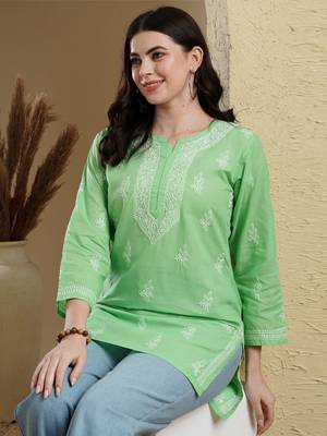 Embroidered Kelly Green Cotton Lucknowi Chikankari Indian Women Short Kurti 4
