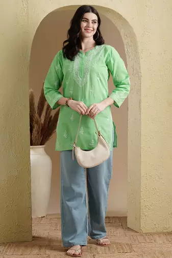 Embroidered Kelly Green Cotton Lucknowi Chikankari Indian Women Short Kurti