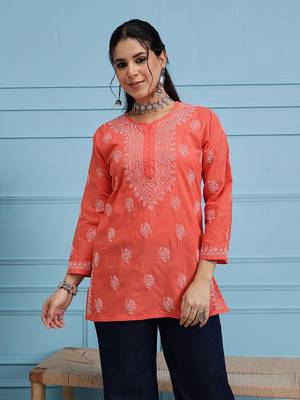 Hand Embroidered Coral Red Cotton Lucknowi Chikankari Indian Women Short Kurti 1