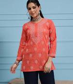 Hand Embroidered Coral Red Cotton Lucknowi Chikankari Indian Women Short Kurti