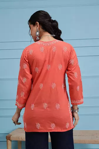 Hand Embroidered Coral Red Cotton Lucknowi Chikankari Indian Women Short Kurti