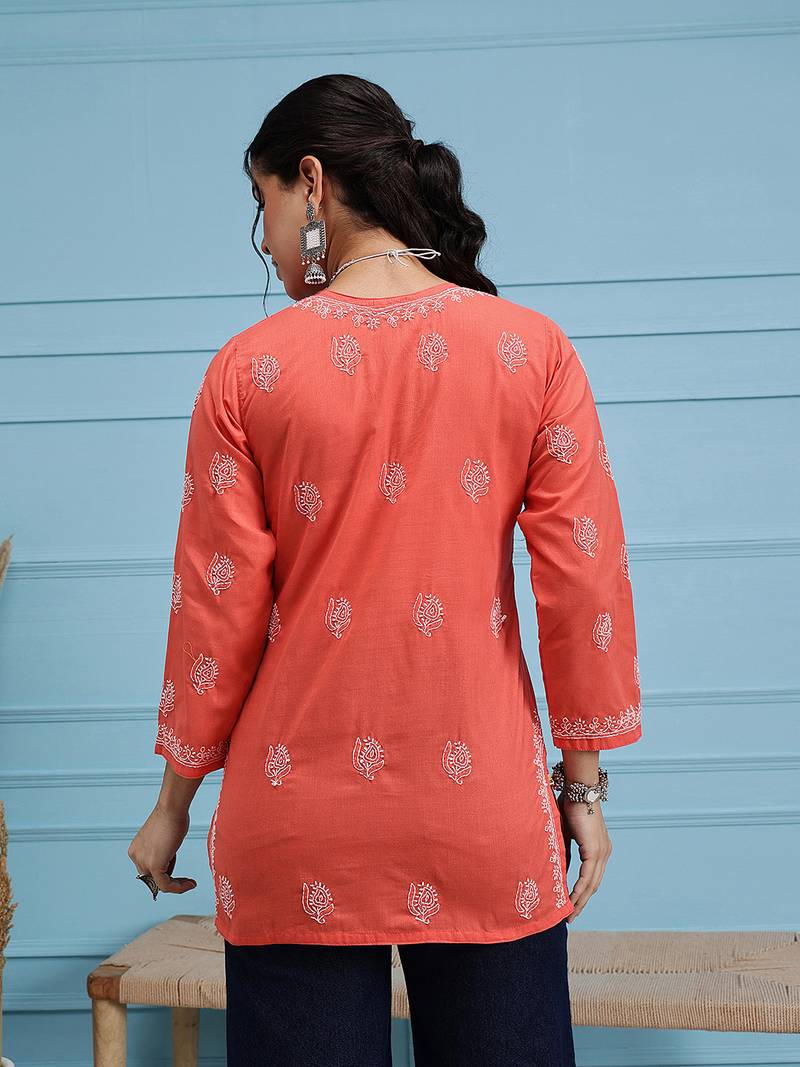 Hand Embroidered Coral Red Cotton Lucknowi Chikankari Indian Women Short Kurti