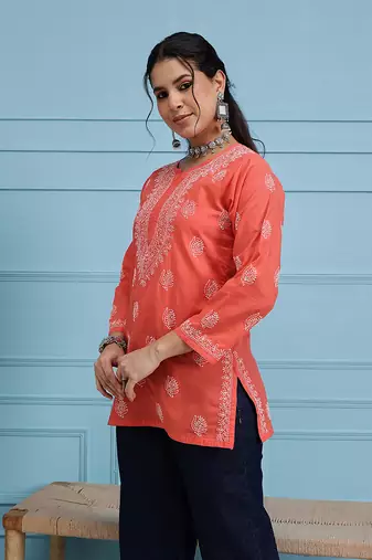 Hand Embroidered Coral Red Cotton Lucknowi Chikankari Indian Women Short Kurti