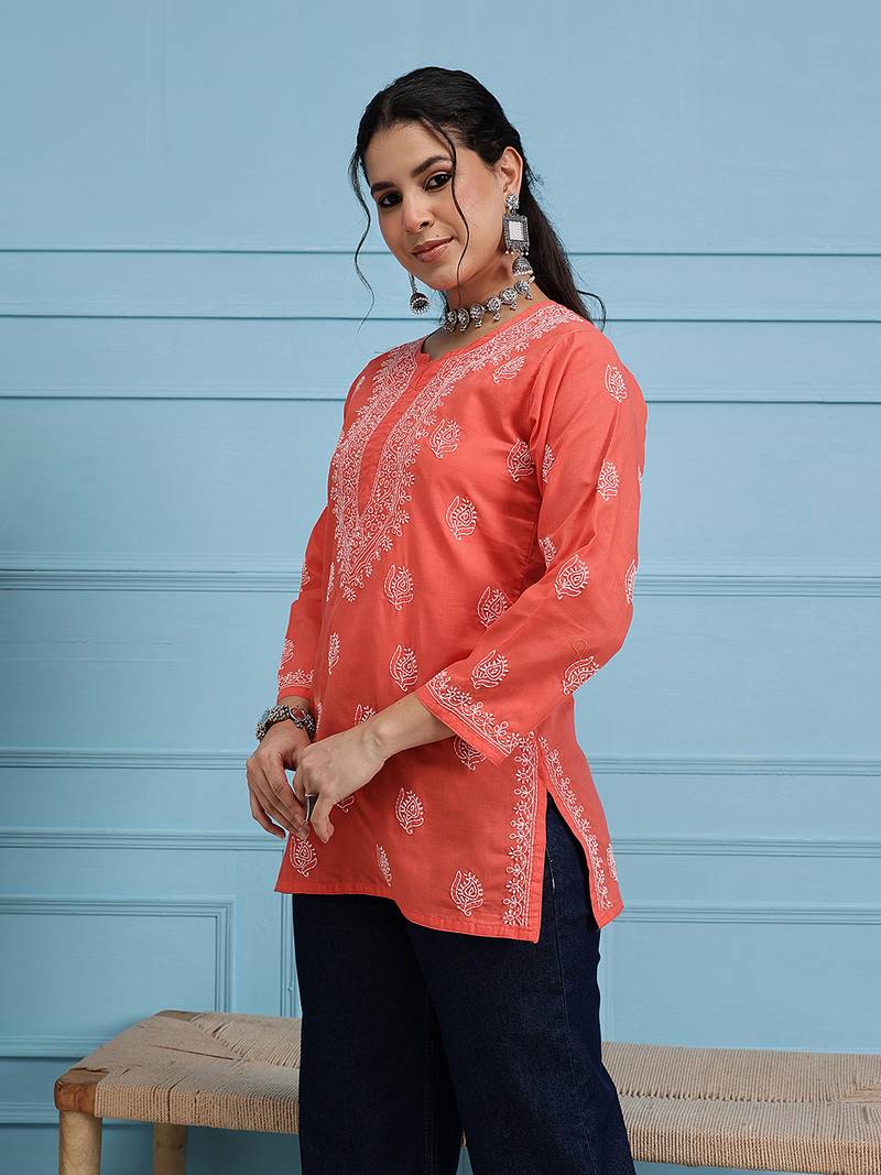 Hand Embroidered Coral Red Cotton Lucknowi Chikankari Indian Women Short Kurti