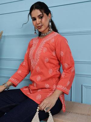 Hand Embroidered Coral Red Cotton Lucknowi Chikankari Indian Women Short Kurti 4