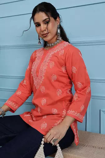 Hand Embroidered Coral Red Cotton Lucknowi Chikankari Indian Women Short Kurti