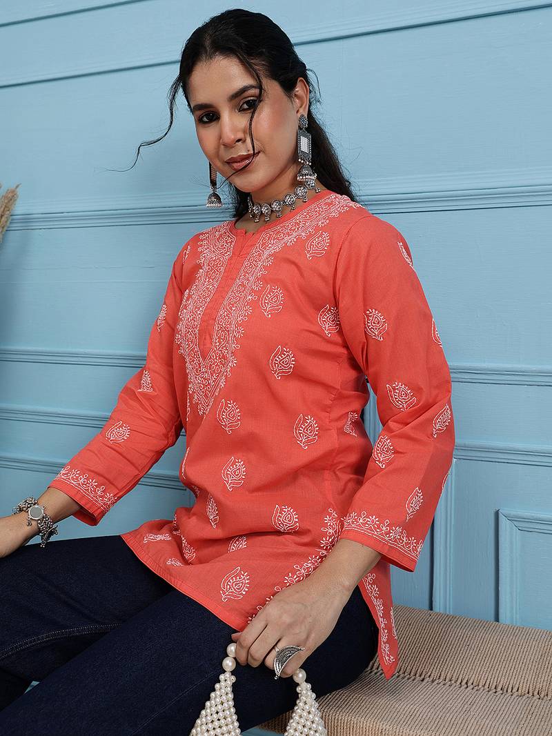 Hand Embroidered Coral Red Cotton Lucknowi Chikankari Indian Women Short Kurti