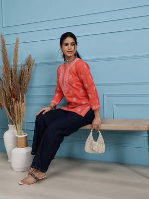 Hand Embroidered Coral Red Cotton Lucknowi Chikankari Indian Women Short Kurti 5