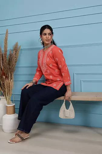 Hand Embroidered Coral Red Cotton Lucknowi Chikankari Indian Women Short Kurti