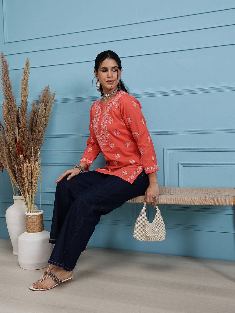 Hand Embroidered Coral Red Cotton Lucknowi Chikankari Indian Women Short Kurti