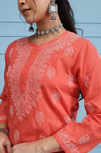 Hand Embroidered Coral Red Cotton Lucknowi Chikankari Indian Women Short Kurti