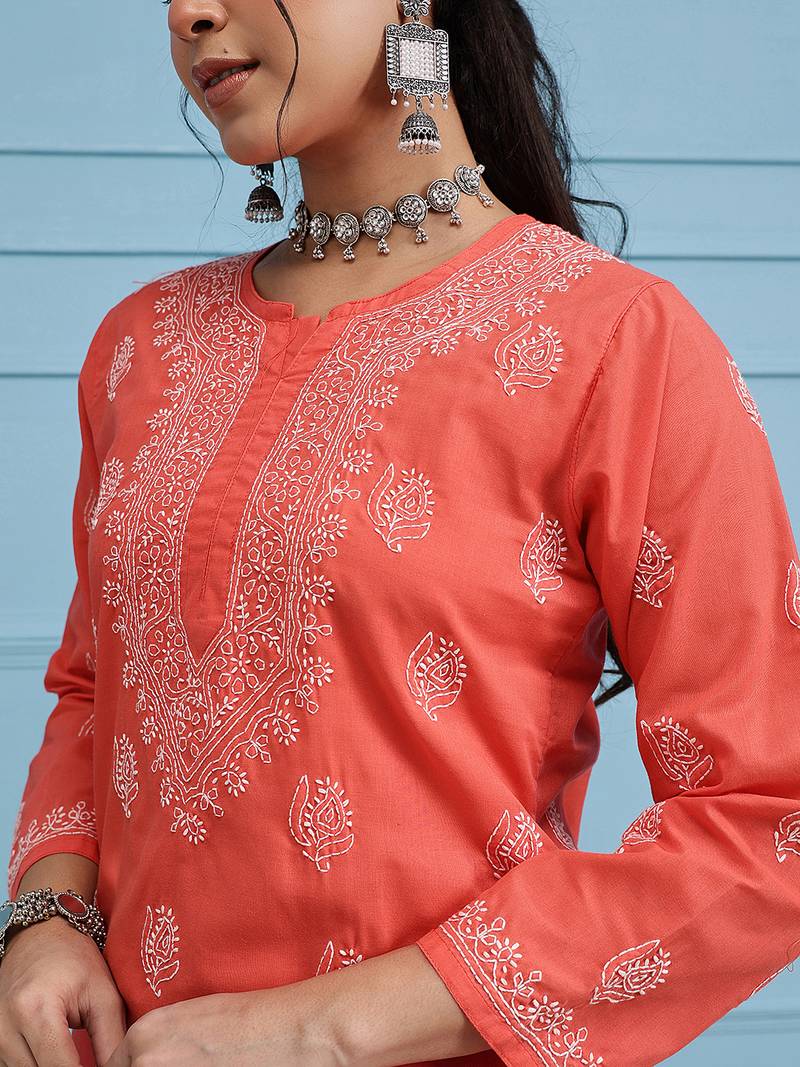 Hand Embroidered Coral Red Cotton Lucknowi Chikankari Indian Women Short Kurti