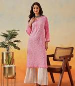 Hand Embroidered Pink Georgette Lucknowi Chikankari Indian Women Straight Kurta