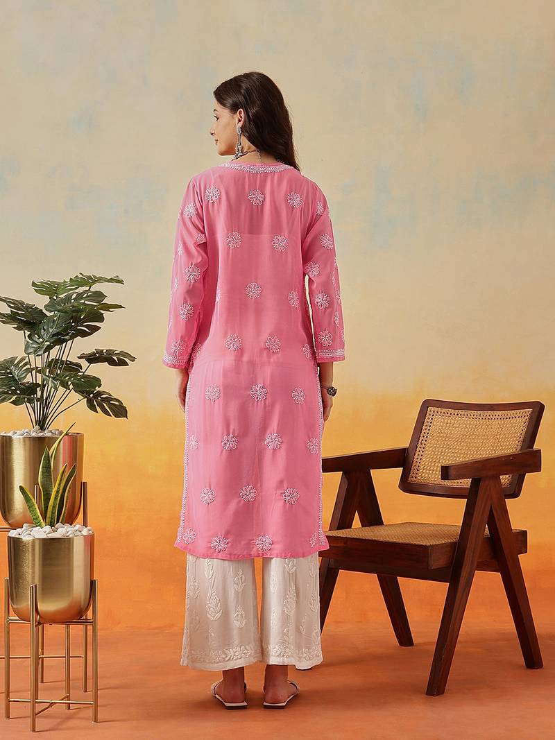 Hand Embroidered Pink Georgette Lucknowi Chikankari Indian Women Straight Kurta