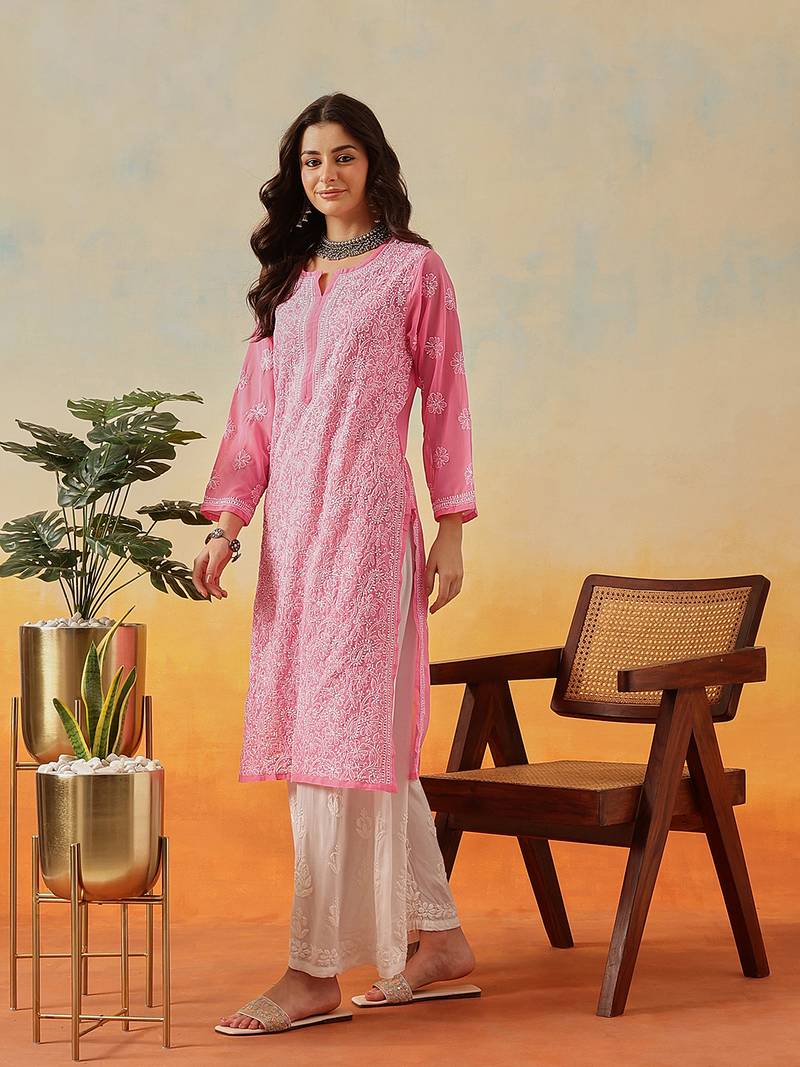 Hand Embroidered Pink Georgette Lucknowi Chikankari Indian Women Straight Kurta