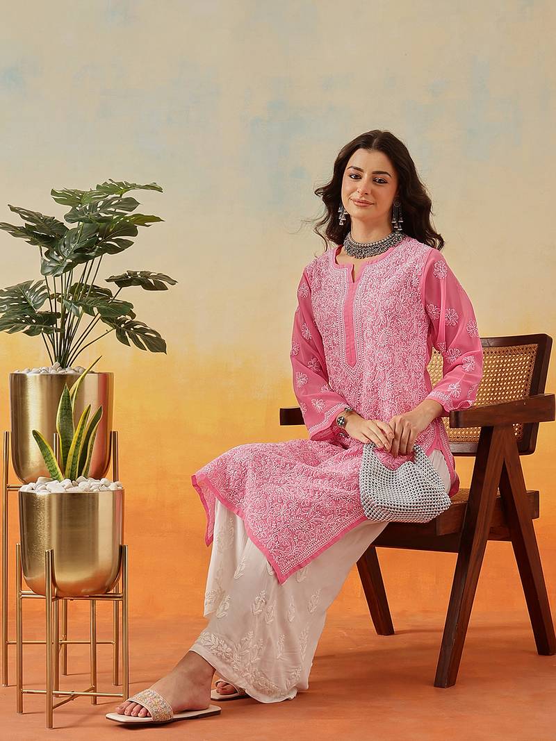 Hand Embroidered Pink Georgette Lucknowi Chikankari Indian Women Straight Kurta