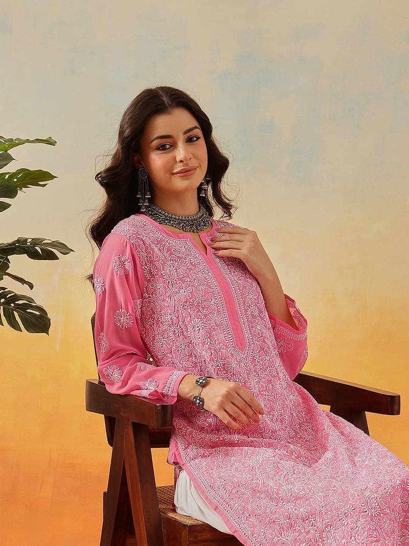 Hand Embroidered Pink Georgette Lucknowi Chikankari Indian Women Straight Kurta