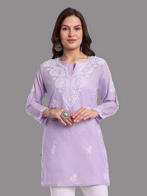 Embroidered Mauve Cotton Lucknowi Chikankari Indian Women Straight Kurti 1