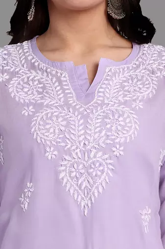 Embroidered Mauve Cotton Lucknowi Chikankari Indian Women Straight Kurti