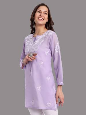 Embroidered Mauve Cotton Lucknowi Chikankari Indian Women Straight Kurti 4