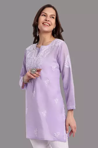 Embroidered Mauve Cotton Lucknowi Chikankari Indian Women Straight Kurti