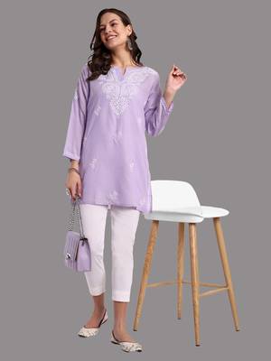 Embroidered Mauve Cotton Lucknowi Chikankari Indian Women Straight Kurti 5