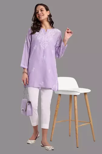 Embroidered Mauve Cotton Lucknowi Chikankari Indian Women Straight Kurti