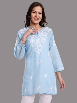 Embroidered Blue Cotton Lucknowi Chikankari Indian Women Straight Kurti 1