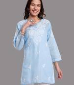 Embroidered Blue Cotton Lucknowi Chikankari Indian Women Straight Kurti