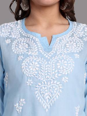 Embroidered Blue Cotton Lucknowi Chikankari Indian Women Straight Kurti 2