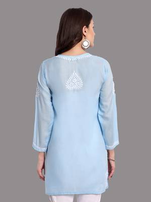 Embroidered Blue Cotton Lucknowi Chikankari Indian Women Straight Kurti 3